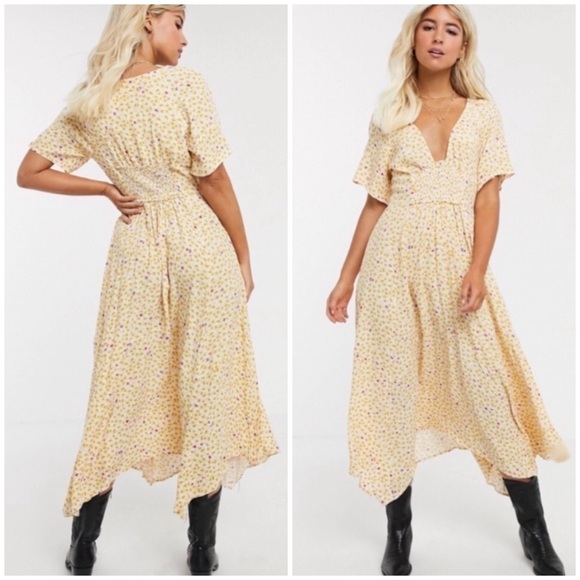 Free People Full Bloom Dress XS Floral Smocked Midi V-Neck Boho Cottage - Picture 1 of 16